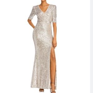 AQUA Silver Sequined Slitted Pouf Sleeve V Neck Full-Length Evening Sheath